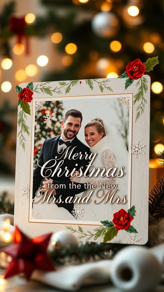 A festive Christmas card with a newlywed couple